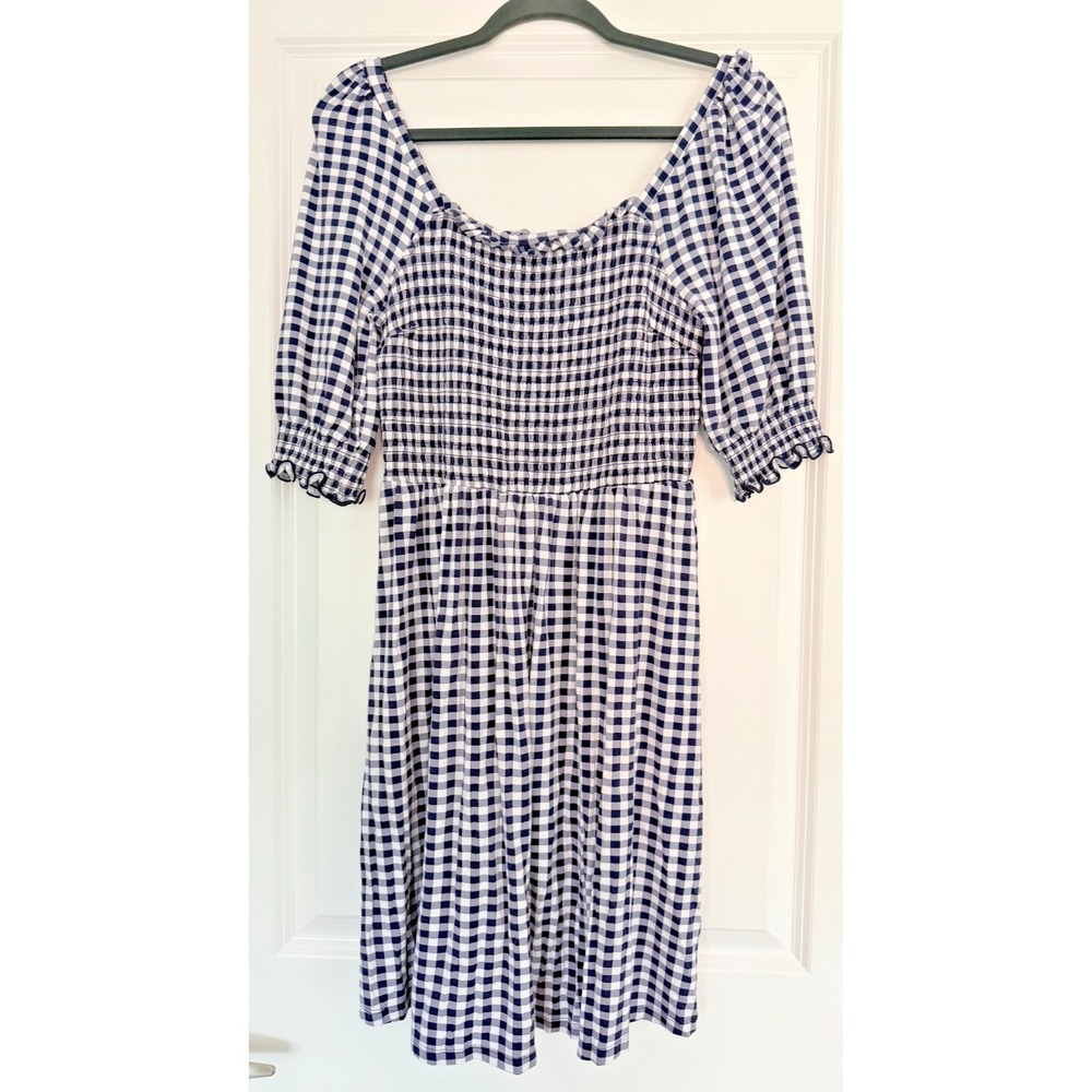 Draper James Lee Ann Small Navy Gingham Smocked Puff Sleeve Dress EUC Stretch